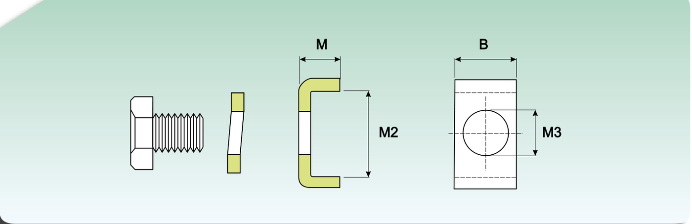 Стопорный бугель, винт и шайба: размеры B, M, M2, M3